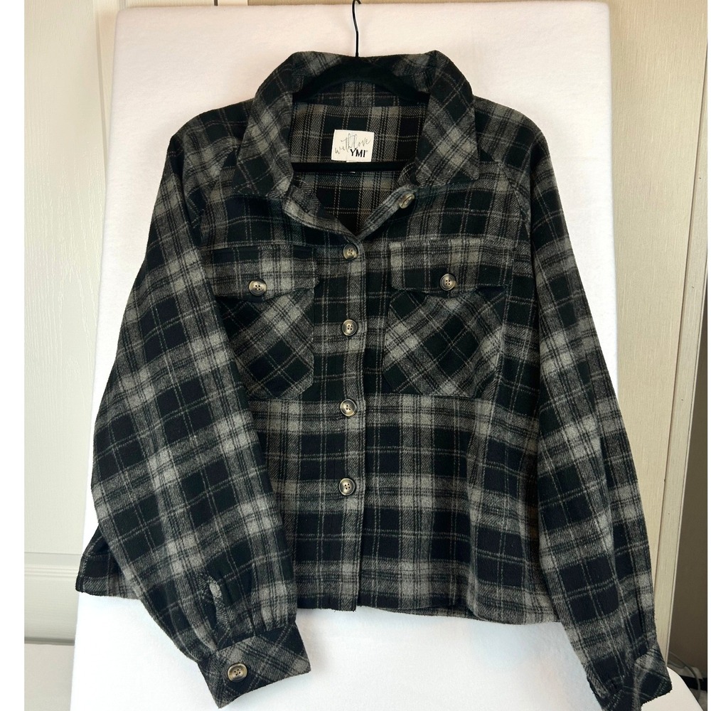 With Love YMI Plaid Soft Fleece Shacket Black Grey Button Front Large